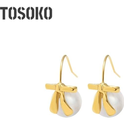 TOSOKO Stainless Steel Jewelry Pearl Bow Earrings Sweet And Lovely Earrings For Women