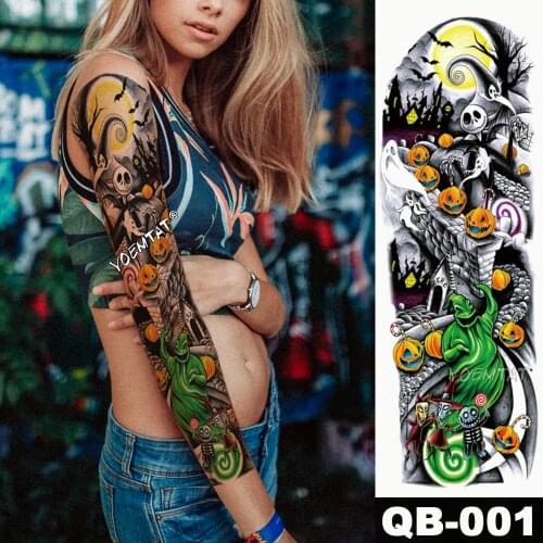 New 1 Piece Temporary Tattoo Sticker Skull Pumpkin halloween Tattoo with Arm Body Art Big Sleeve Large Fake Tattoo Sticker