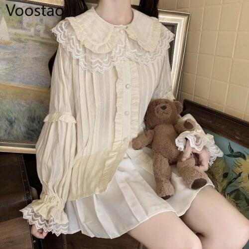 Japanese Sweet Lolita Style Blouses Cute Peter Pan Collar Lace Ruffles Long Sleeve JK Shirts Women Kawaii Loose Blusas Mujer