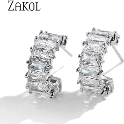 ZAKOL Trendy Mutilcolor Baguette Cubic Zirconia T Stone Stud Earrings For Women Circle Bridal Wedding Accessories FSEP2528