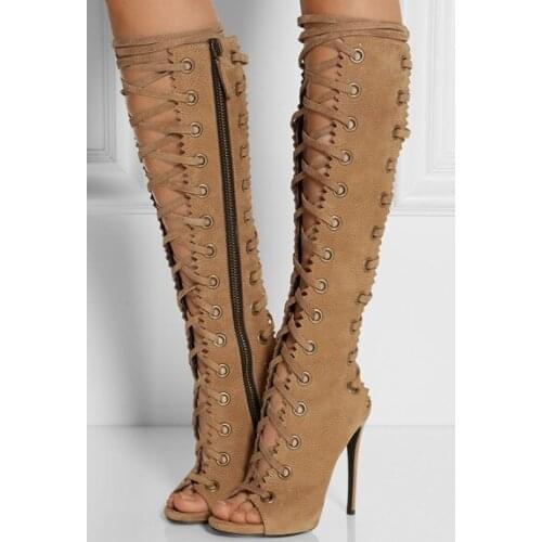 Summer women shoes super high thin heel front&rear strap cutouts narrow band solid high-knee women high heel Sandals khaki