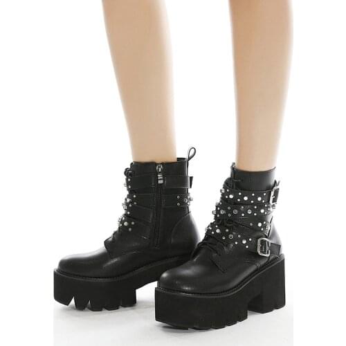 Women Gothic Ankle Boots Big Size Womens Chain Pumps Ladies Rivet High Heels Woman Black Short Boots Footwear Female Shoes