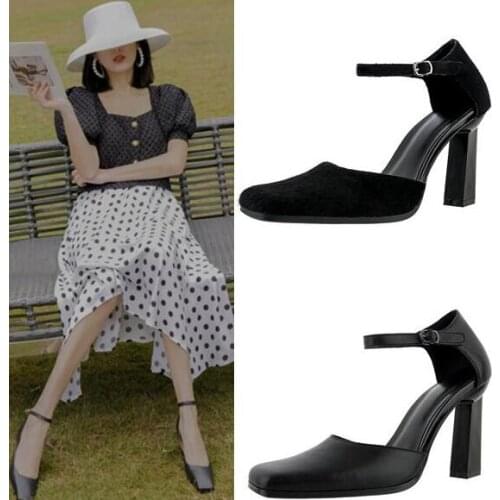 New Spring Ladys Black Cow Leather Horse Fur Square Toe Pumps Woman 9 cm Square Heels Buckle Shallow Simple Party Dress Shoes