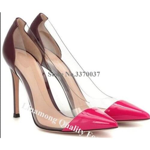 Brand Design Women Fashion Pointed Toe PVC Patchwork Stiletto Heel Pumps Slip-on 10cm Transparent High Heels Wedding Dress Shoes