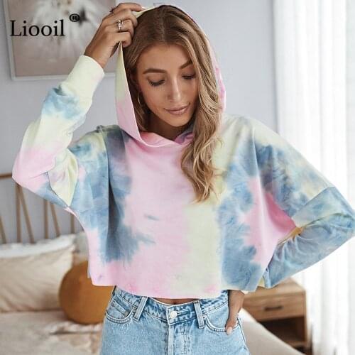 Liooil Casual Print Tie Dye Short Top Women 2020 Autumn Long Sleeve Hoodies Women Fall Loose Short Cropped Shirts And Blouses