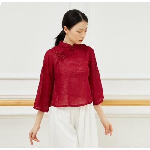 Adult Vintage Buckle Cheongsam Neck Belly Dance Transparent Blouse Top Costume for Women Dancing Clothes Dancer Wear Clothing