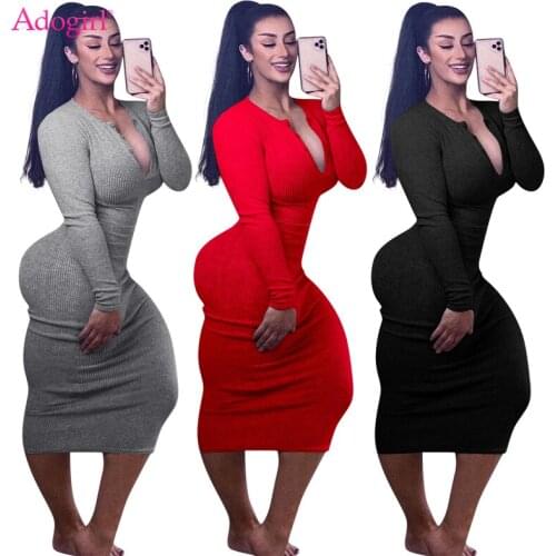 Adogirl Women Solid Cotton Ribbed Dress Sexy V Neck Long Sleeve Bodycon Midi Casual Dresses Female Autumn Winter Clothing