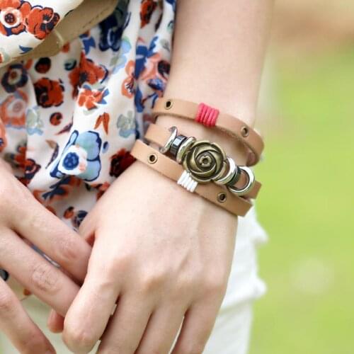 2019 New Fashion Multi-layer Brown Woman Bracelet Leisure Copper Rose Leather Lady Bracelet Bohemia Style Jewelry