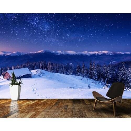 Papel de parede Winter night snowy mountains under the Milky Way 3d wallpaper,living room bedroom wall papers home decor mural