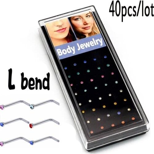 40PCS L Shaped Nose Ring Unisex Piercing Set Septum Clicker Septum CZ Gem Nose None Studs Accessories for Women Body Jewelry 20G