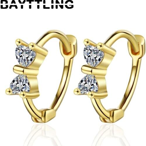 BAYTTLING 925 Silver & Gold 12MM Heart Zircon Bow Earrings For Women Wedding Fashion Jewelry Gifts
