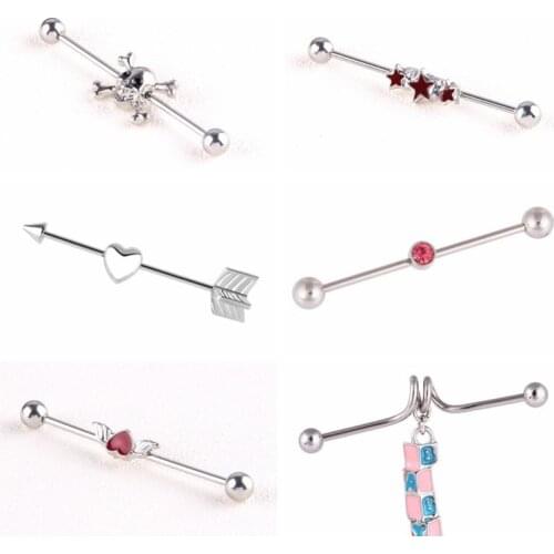 MOSRSA 1Piece Mix Styles Heart Skeleton Ear Plugs Long Industrial Barbell Piercing Ear Bone Rings Stainless Steel Body Jewelry