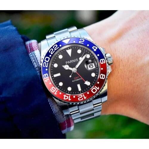 Parnis 40MM Luxury Men Mechanical Wristwatch Stainless Steel GMT Watch Top Brand Sapphire Glass Mens Watches Reloj Hombre 2021