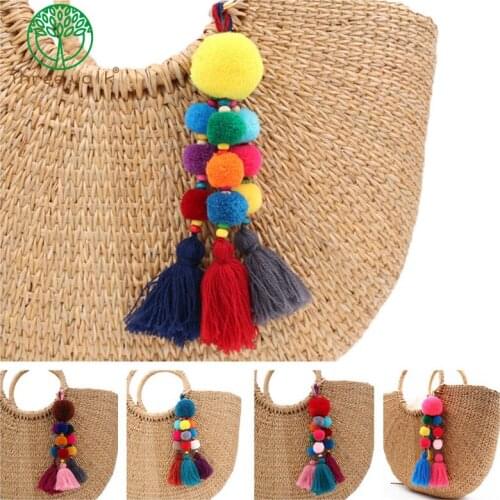Bohemian Style Wood Beads KeyChains Pompom Key Ring Bag Hanging Decoration For Women Gift
