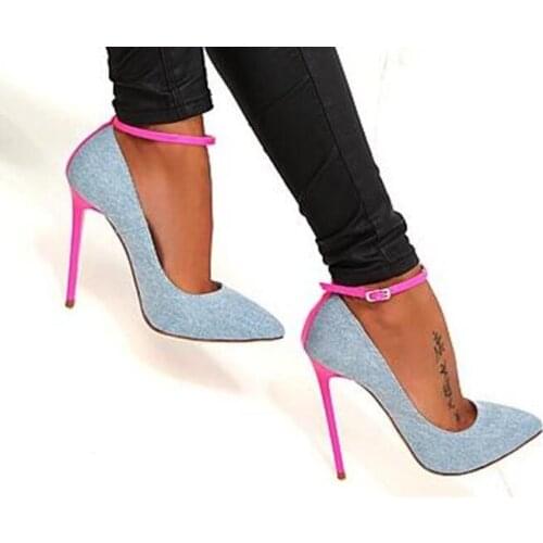 Denim Blue High Heel Shoes Sexy Pointed toe Ankle Strap Woman Pumps 2018 Newest Pink Stiletto Heel Dress Shoes