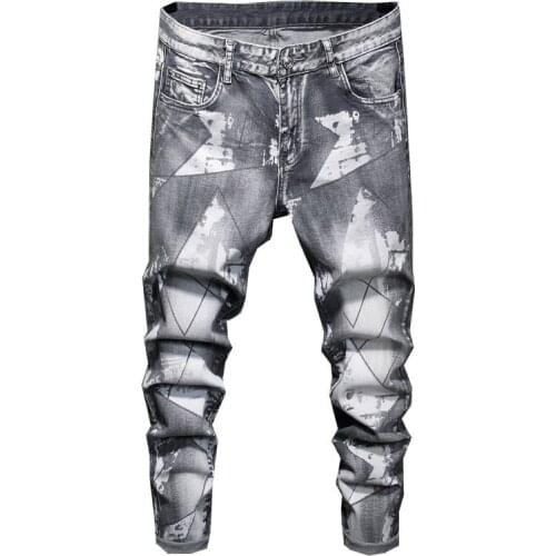 New Mens Male Slim Gray Stretch Denim Jeans Fashion Geometrical Line Printed Pencil Pants Trousers 076