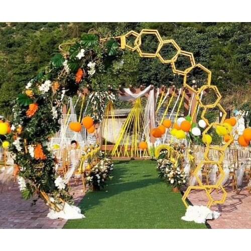 The background is decorated with cherry tree truss, iron frame and geometric arch