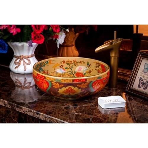 China Artistic Handmade Ceramic wash basin Round Counter top bathroom ceramic wash basin bathroom sinks