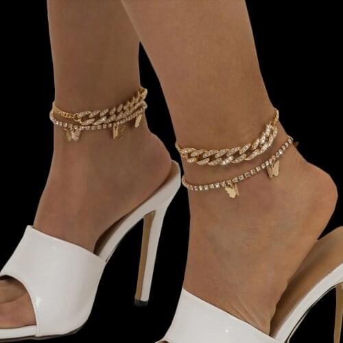 KunJoe 2pcs Bohemian Ankle Bracelets Set Multilayer Rhinestone Chain Charm Bracelets For Women Anklet Foot Jewelry Hip Hop Gift