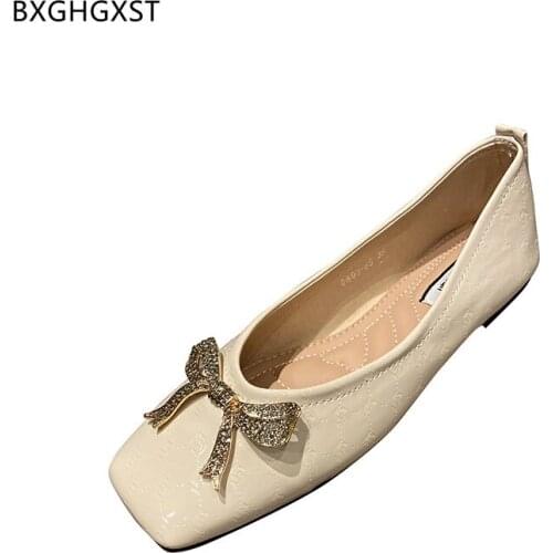 Loafers Patent Leather Shoes Woman Butterfly-knot Slip on Korean Shoes Women Flats Square Toe Boat Shoes for Woman 2021 Zapatos