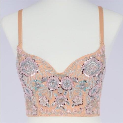 Fashion Embroidery Beaded Sequins Luxury Underwear Womens Backless Short Camisole Push Up Bra Female Stage Costume Y1138