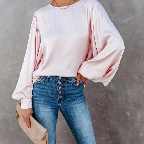 Fashion New Arrival Women T-shirts Blouse 2021 Autumn Pink Casual O-neck Lantern Sleeves Loose T-shirts
