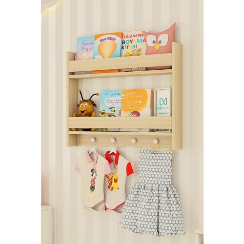 Montessori 2 Shelves Oak Color Outfit Suspenders Child Room Educational Bookcase