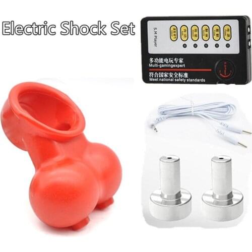 Male Scrotum Penis Electric Delay Stimulation Medical Theme Toy Squeeze Penis Condoms Sleeves Masturbator Adult Sex Toys For Man