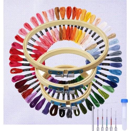 50 Skeins Cross Stitch Cotton Embroidery Thread Floss with 3pcs Bamboo Frame Embroidery Hoop Stitching Punch Needle Kits