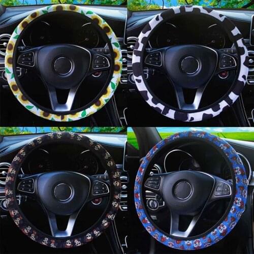 Sunflower Skull Printed Pattern No Inner Ring Neoprene Cow Elastic Steering Wheel Cover Grip Cover-37-38 Medium Universal Type
