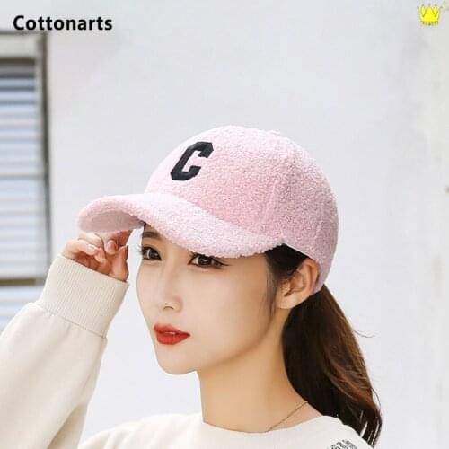 New Winter Lambswool Pink Casual Letter C Ponytail Baseball Cap Cotton Cap Women Outdoor Simple Fashion Bone Feminino Peaked Cap