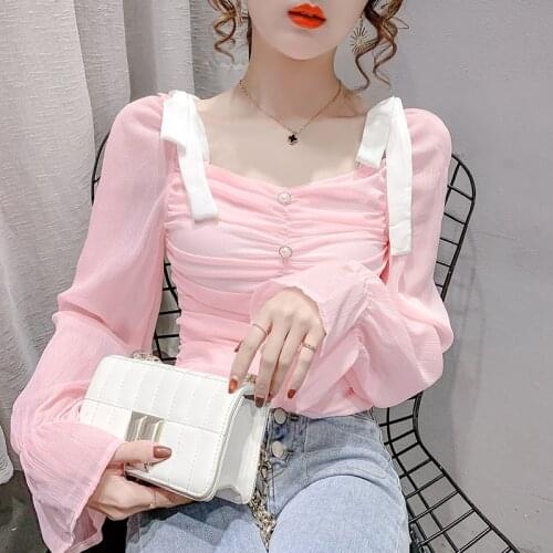 2021 new spring clothes strapless chiffon shirt womens high waist slim fashion western style shirt tops