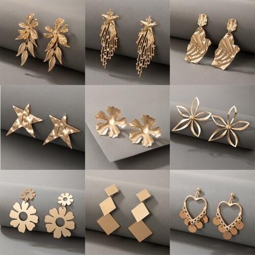 Docona Vintage Leaf Flower Star Crystal Drop Earring for Women Charm Gold Irregular Geometry Hollow Party Jewelry Gift серьги