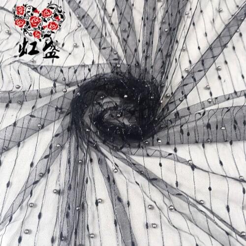 1M/lot Mesh LACE Black Screen Stripe Nail Pearl mesh Fabric LACE Dress Perspective Pearl Screen Clothing Curtain Fabric H027