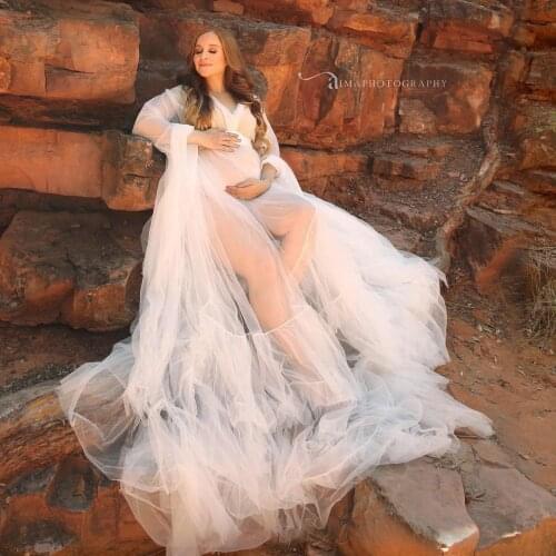 Sexy See Thru White tulle Long Robes Maternity Dresses Ruffles Tiered Full Sleeves Tulle Robe Women Dress Bridal Robe