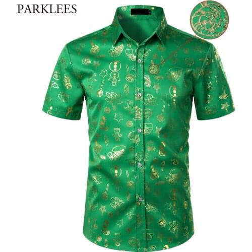 Ugly Mens Christmas Shirt 2020 Shiny Gold Xmas Print Mens Dress Shirts Short Sleeve Navidad Festival Party Holiday Chemise Green