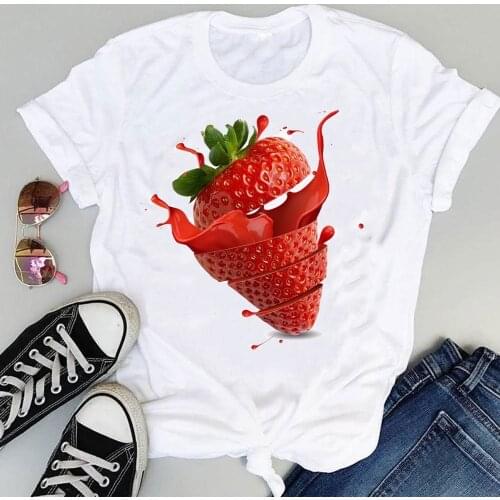 Women Cartoon Strawberry Cute Beach Holiday Short Sleeve Graphic Summer Fashion Print Female Clothes Tops Tees Tshirt T-Shirt