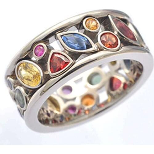 Colorful Beautiful Delicate Geometric Pattern Openwork Zircon Crystal Multicolor Gem Stone Rings for Women US6 -10
