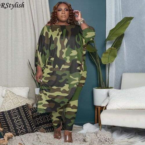 RStylish Plus Size Women Loose Print Two Piece Set Sexy Skew Shoulder Camouflage Long T-Shirt Leggings Autumn Suit