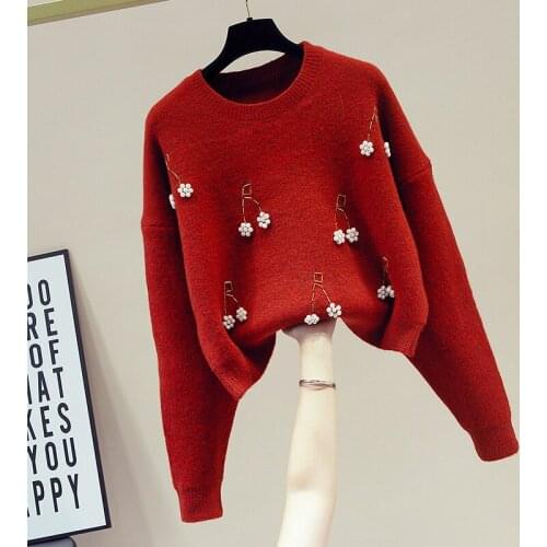 Korean Cherry Beaded Red Pullover Sweater Women 2021 Winter Round Neck Long Sleeve Knitted Sweater Casual Fashion Short Tops