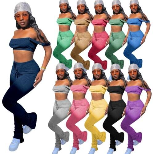 Stacked Pants Streetwear 2 Piece Set Women Clothes Crop Top + Split Bell Bottom Summer Outfits for Women 2020 Sexy Matching Sets