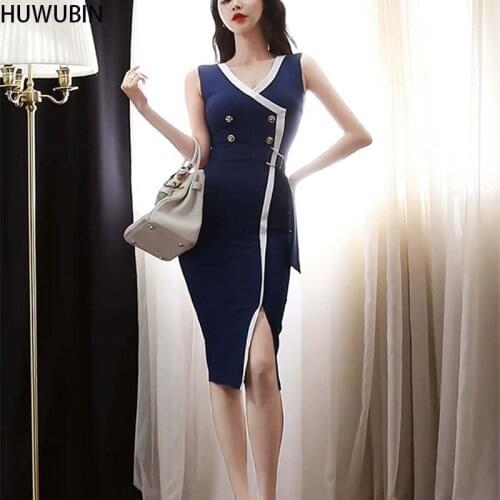 2021 Summer New Korean Style Unique V-Neck Double Breasted Slim Color Matching Sexy Bag Hip Split Fashion Elegant Dress