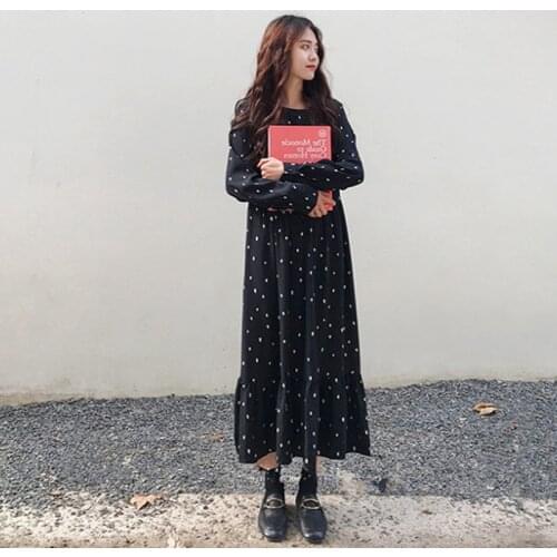 L-4XL Plus Size Women Maxi Dress Chiffon Long Sleeve Dot Printed Casual Loose Dresses Spring Autumn 2020 High Waist Vestidos