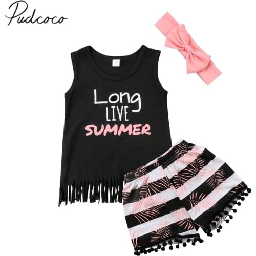 2018 Brand New Toddler Infant Child Kids Baby Girl Vest Tops Tassel T shirt Short Pants Headband 3Pcs Outfit Set Clothes 1-6T