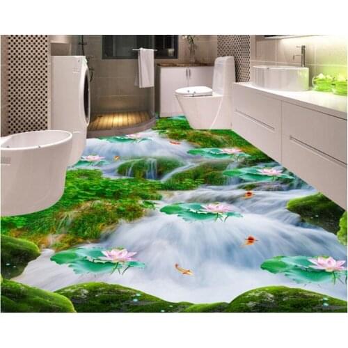 Beibehang Custom 3D wallpaper flooring lawn waterfall lotus carp bathroom self-adhesive 3d flooring papel de parede wallpaper
