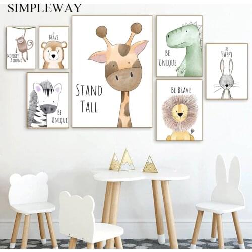 Watercolor Woodland Baby Animal Poster Dinosaur Lion Poster Nursery Wall Art Canvas Painting Nordic Kid Room Decoration Picture