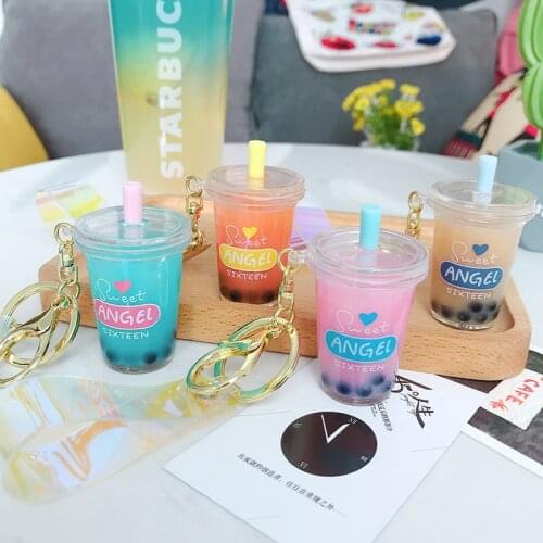 Creative Mini Soft Drink Keychain Decompression Jewelry Gift Coconut Milk Tea Beverage Bubble Tea Acrylic Cartoon Keychains Gift