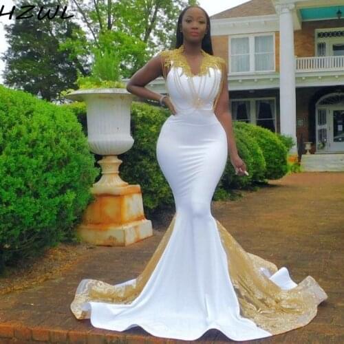 Black Girl Mermaid Prom Dresses Beaded V Neck Sequined Plus Size Evening Dress African Formal Wear Contrast Color Party Vestido