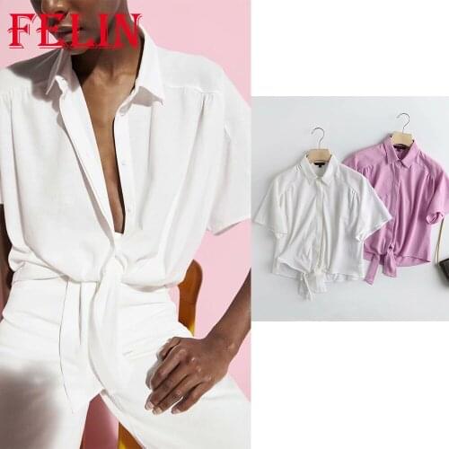 FELIN Women Vintage Chic White Single Button Sashes Shirts Za 2021 Elegant Mujer Cropped Tops Casual Women Blouses