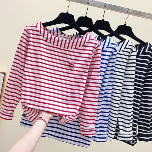 Cotton T-shirt Women 2018 New Autumn Long Sleeve O-Neck Female T Shirt White Striped Casual Basic Classic Lips Top Poleras Mujer